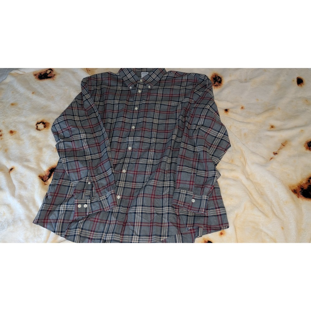 Brooks Brothers Regent Fit‎ XXL Mens Non-Iron Supima Cotton Plaid Shirt Grey Red